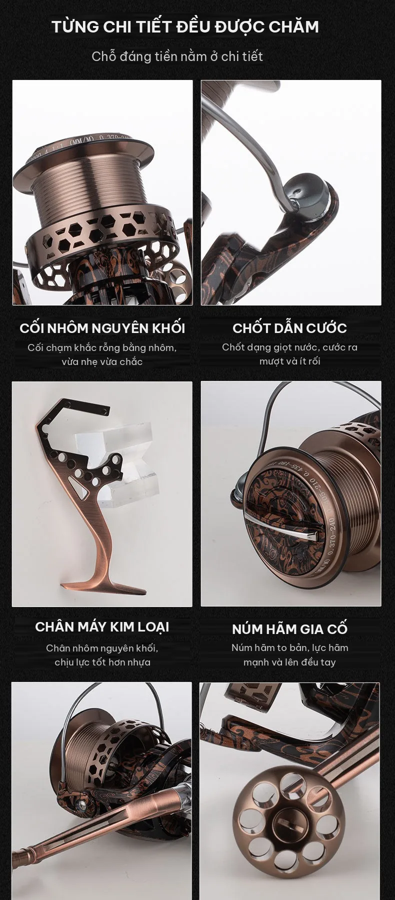 Chi tiết cối nhôm, chốt dẫn cước, chân máy và núm hãm
